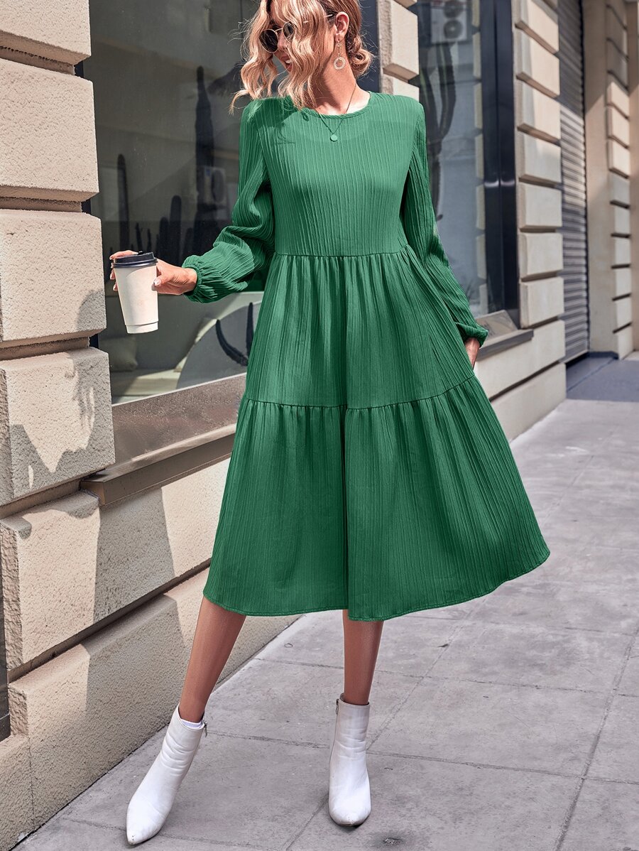 SHEIN LUNE 素色燈籠袖荷葉邊連衣裙 - 綠色 - 查看 1