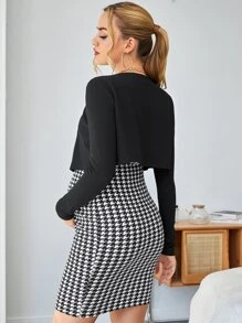 SHEIN Maternity Solid Jacket & Houndstooth Print Cami Dress - Black and White - View 2