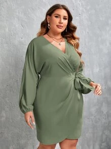 SHEIN Privé Plus Lantern Sleeve Wrap Knot Side Dress - Army Green - View 4