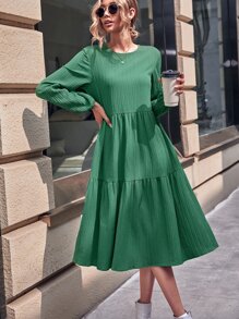 SHEIN LUNE 素色燈籠袖荷葉邊連衣裙 - 綠色 - 查看 3