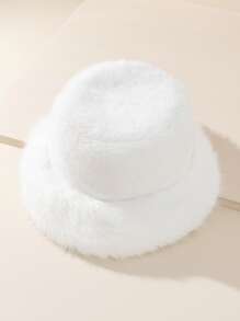 可愛的1頂女士時尚純色毛絨暖冬桶帽，適用於戶外活動 - 白色 - 查看 3