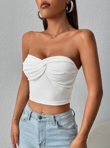 SHEIN PETITE Twist Front Crop Tube Top - White - View 3