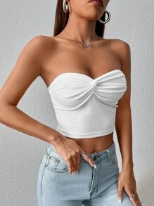 SHEIN PETITE Twist Front Crop Tube Top - White - View 4