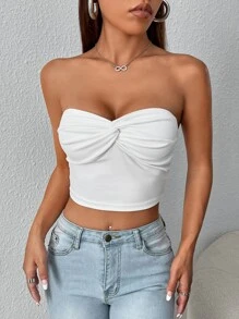 SHEIN PETITE Twist Front Crop Tube Top - White - View 6
