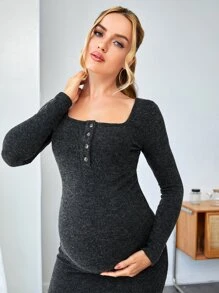 SHEIN Maternity Square Neck Button Front Bodycon Dress - Black - View 5