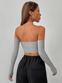 SHEIN PETITE Off Shoulder Crop Top - Light Grey - View 2