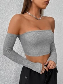 SHEIN PETITE Off Shoulder Crop Top - Light Grey - View 3