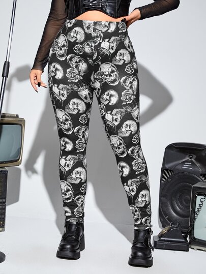 Plus Skull Print High Waist Leggings