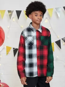 SHEIN 男孩格紋印花口袋貼布襯衫