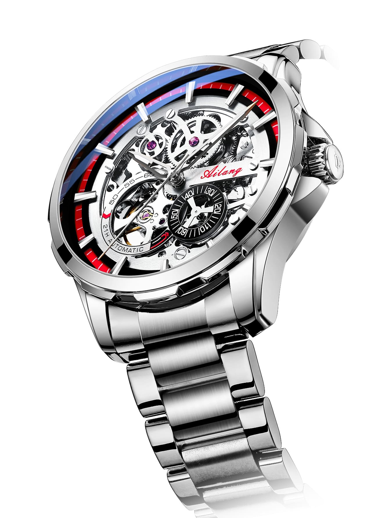 AILANG 1pc Men Water Resistant Skeleton Mechanical Watch - Grey - View 1