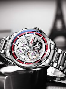 AILANG 1pc Men Water Resistant Skeleton Mechanical Watch - Grey - View 2