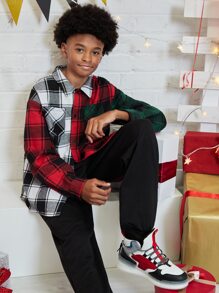 SHEIN 男孩格紋印花口袋貼布襯衫