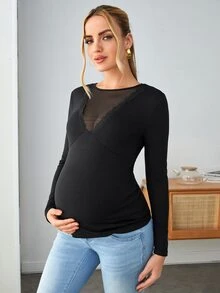 SHEIN Maternidad Camiseta ribete con encaje de malla