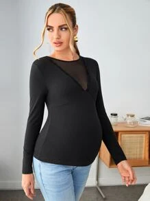 SHEIN Maternidad Camiseta ribete con encaje de malla