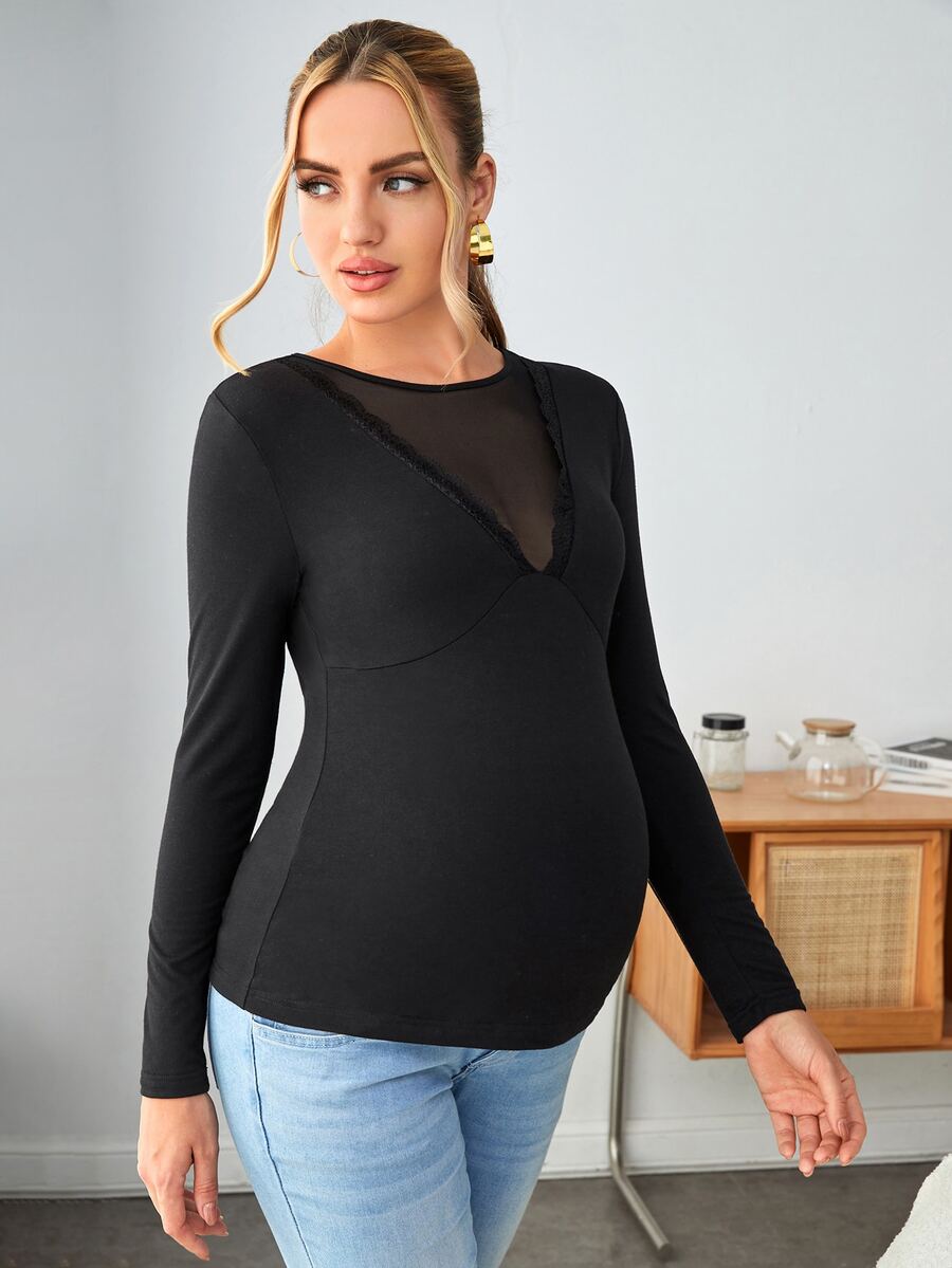 SHEIN Maternidad Camiseta ribete con encaje de malla