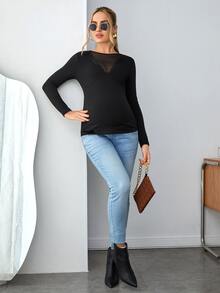 SHEIN Maternidad Camiseta ribete con encaje de malla