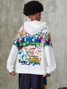 SHEIN 男孩字母和卡通圖案落肩袖連帽衫