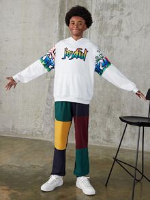 SHEIN 男孩字母和卡通圖案落肩袖連帽衫