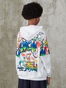 SHEIN 男孩字母和卡通圖案落肩袖連帽衫