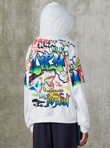 SHEIN 男孩字母和卡通圖案落肩袖連帽衫