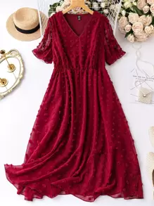 SHEIN Clasi 大碼圓點飄逸洋裝 - 酒紅色 - 查看 1