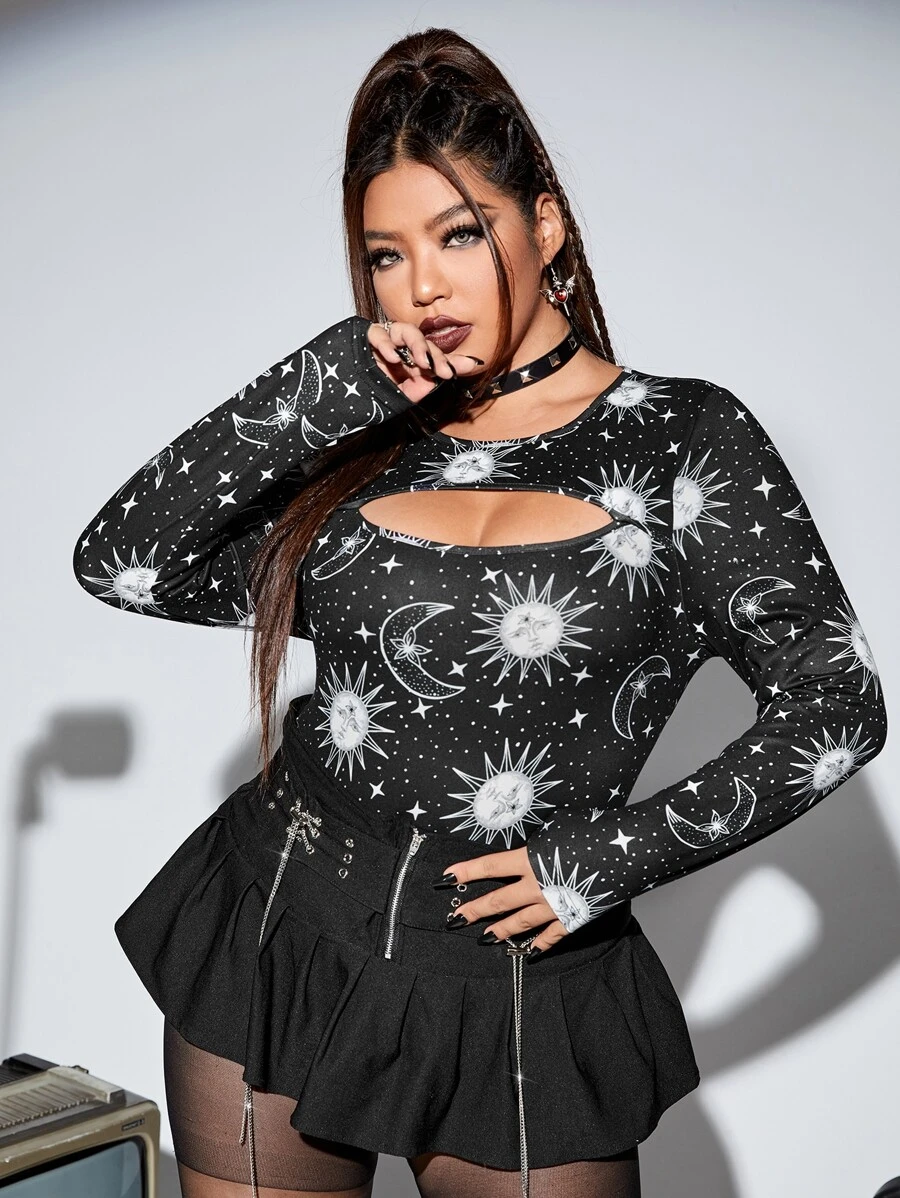 ROMWE PUNK Áo thun Plus size Cắt ra Thiên hà Giải trí - màu đen - Xem 1