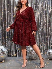 Allurite 大碼燈籠袖腰帶亮片洋裝