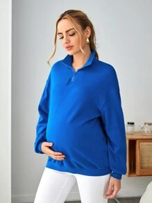 SHEIN Maternity Half Zip Drop Shoulder Sweatshirt - Blue - View 4