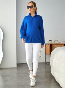 SHEIN Maternity Half Zip Drop Shoulder Sweatshirt - Blue - View 5