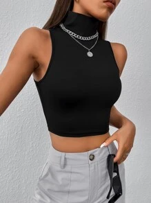 SHEIN PETITE High Neck Crop Tank Top - Black - View 1