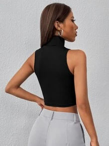 SHEIN PETITE High Neck Crop Tank Top - Black - View 2