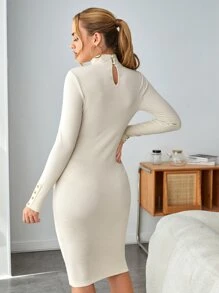 SHEIN 孕婦紐扣細節緊身連衣裙 - 米色 - 查看 2