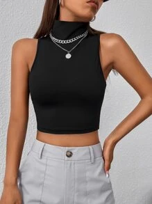 SHEIN PETITE High Neck Crop Tank Top - Black - View 3