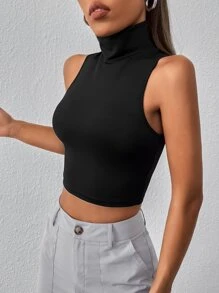 SHEIN PETITE High Neck Crop Tank Top - Black - View 4