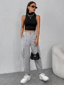 SHEIN PETITE High Neck Crop Tank Top - Black - View 5