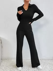 Flirla 素色Polo領T恤和喇叭褲 - 黑色 - 查看 3