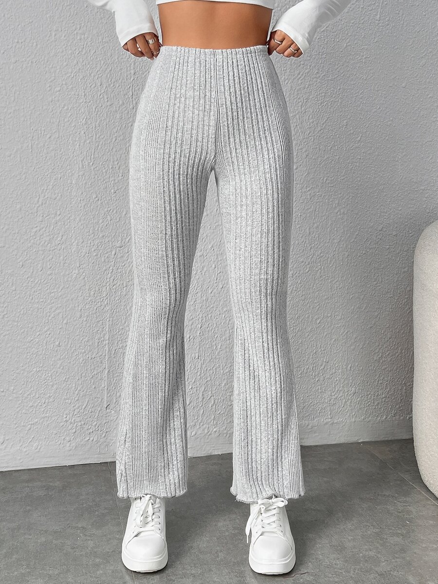 SHEIN PETITE Pantalones De Punto Acanalado De Cintura Alta Con Pierna Acampanada En Color Gris - Gris Claro - Ver 1