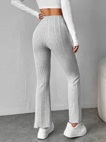 SHEIN PETITE Pantalones De Punto Acanalado De Cintura Alta Con Pierna Acampanada En Color Gris - Gris Claro - Ver 2
