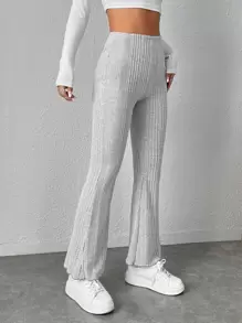 SHEIN PETITE Pantalones De Punto Acanalado De Cintura Alta Con Pierna Acampanada En Color Gris - Gris Claro - Ver 3