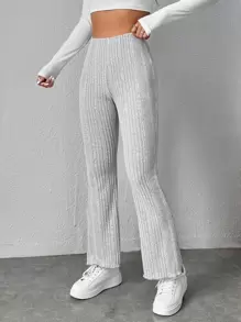 SHEIN PETITE Pantalones De Punto Acanalado De Cintura Alta Con Pierna Acampanada En Color Gris - Gris Claro - Ver 4