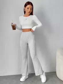 SHEIN PETITE Pantalones De Punto Acanalado De Cintura Alta Con Pierna Acampanada En Color Gris - Gris Claro - Ver 5