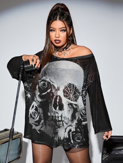 Plus Skull Print Drop Shoulder Mesh Top Without Bra