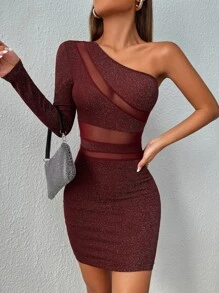 SHEIN PETITE One Shoulder Contrast Mesh Bodycon Dress - Burgundy - View 3