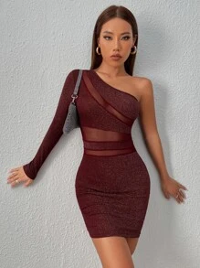 SHEIN PETITE One Shoulder Contrast Mesh Bodycon Dress - Burgundy - View 4