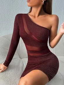 SHEIN PETITE One Shoulder Contrast Mesh Bodycon Dress - Burgundy - View 5