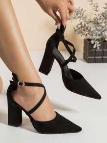 Criss Cross Faux Suede Point Toe Chunky Heeled Ankle Strap Pumps - Black - View 4