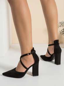 Criss Cross Faux Suede Point Toe Chunky Heeled Ankle Strap Pumps - Black - View 5