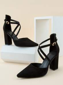 Criss Cross Faux Suede Point Toe Chunky Heeled Ankle Strap Pumps - Black - View 6