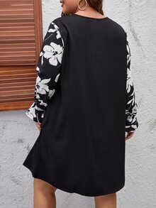 SHEIN Unity Plus Floral Print Flounce Sleeve Dress Without Belt - Black - View 2