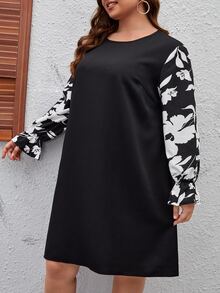 SHEIN Unity Plus Floral Print Flounce Sleeve Dress Without Belt - Black - View 3